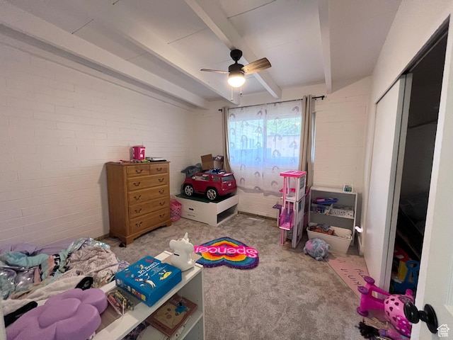 3766 S Orchard Ave E, South Ogden, UT 84403 - bedroom featuring beam ceiling, carpet floors, and a ceiling fan