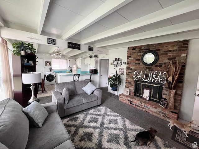 3766 S Orchard Ave E, South Ogden, UT 84403 - carpeted living area with a fireplace, a ceiling fan, and beam ceiling