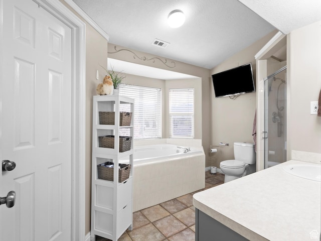 1415 S Bridgeview Dr W, Layton, UT 84041 - bathroom with a bath, visible vents, vaulted ceiling, a shower stall, and toilet
