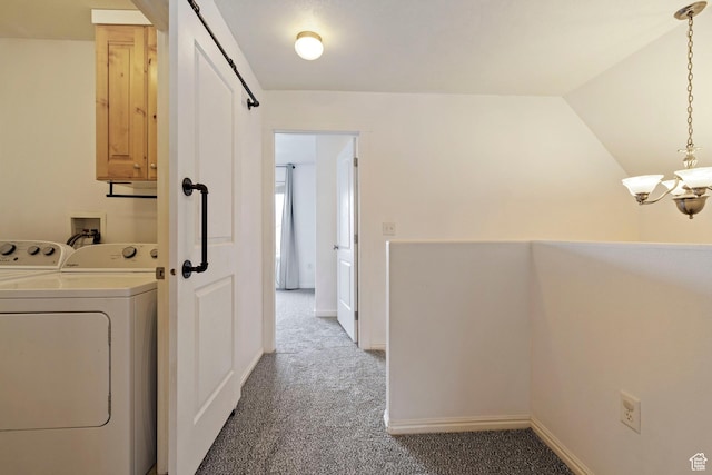 14499 S Siltstone Rd W, Herriman, UT 84096 - washroom featuring carpet, independent washer and dryer, a chandelier, and cabinet space