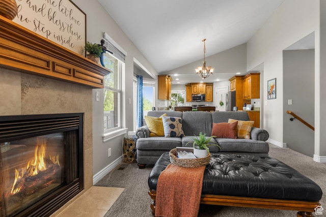 454 N 3550 W, Layton, UT 84041 - living area with carpet floors, lofted ceiling, a chandelier, and a glass covered fireplace