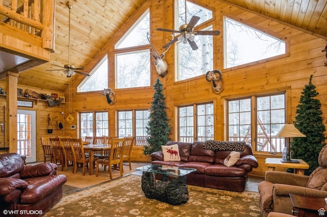 4417 Buck Way Unit 2029, Heber City, UT 84032 - living room with wooden ceiling, high vaulted ceiling, ceiling fan, and a wealth of natural light