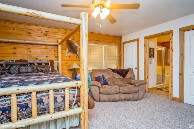 4417 Buck Way Unit 2029, Heber City, UT 84032 - carpeted bedroom featuring a ceiling fan, ensuite bath, and wood walls