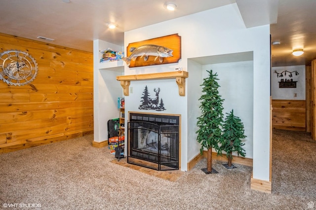4417 Buck Way Unit 2029, Heber City, UT 84032 - carpeted living area featuring a multi sided fireplace and wooden walls