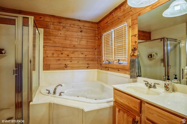 4417 Buck Way Unit 2029, Heber City, UT 84032 - bathroom featuring vanity, wood walls, a shower stall, and a tub with jets