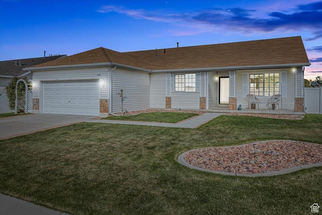 5448 S 4025 W, Roy, UT 84067 - ranch-style home featuring covered porch, driveway, roof with shingles, a front yard, and a garage