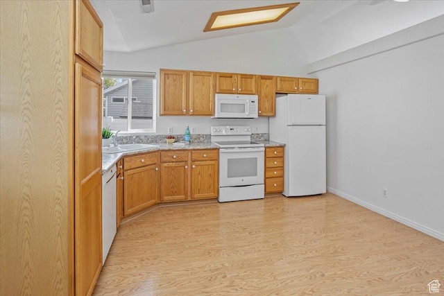 5448 S 4025 W, Roy, UT 84067 - kitchen featuring white appliances, baseboards, a sink, light wood-style flooring, and vaulted ceiling