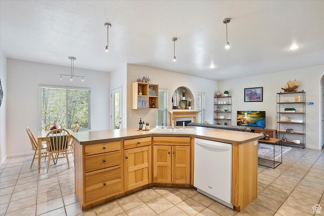 3072 S 1065 W, Syracuse, UT 84075 - kitchen featuring dishwasher, a fireplace, a sink, light tile patterned flooring, and open shelves