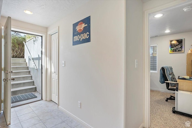3072 S 1065 W, Syracuse, UT 84075 - foyer featuring a textured ceiling, baseboards, stairs, recessed lighting, and light tile patterned floors
