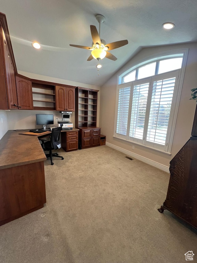 1003 E 200 S, American Fork, UT 84003 - home office featuring a ceiling fan, lofted ceiling, light carpet, built in study area, and baseboards
