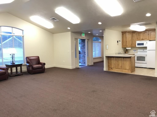 1003 E 200 S, American Fork, UT 84003 - kitchen with white appliances, open floor plan, light carpet, light countertops, and vaulted ceiling