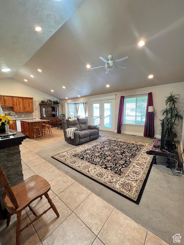 1003 E 200 S, American Fork, UT 84003 - living room with vaulted ceiling, light tile patterned flooring, recessed lighting, and a ceiling fan