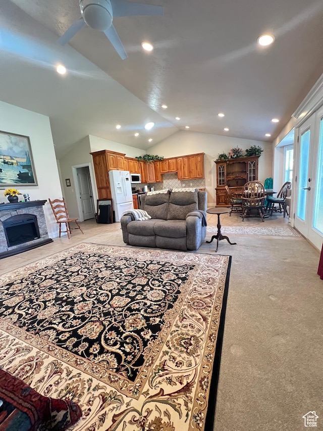 1003 E 200 S, American Fork, UT 84003 - living room with a fireplace, vaulted ceiling, ceiling fan, and recessed lighting