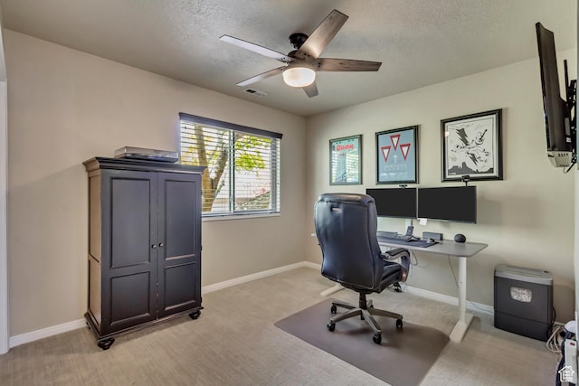 3381 W Slate View Dr, South Jordan, UT 84095 - home office with baseboards, a ceiling fan, a textured ceiling, and visible vents