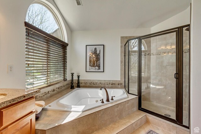 3381 W Slate View Dr, South Jordan, UT 84095 - full bathroom with a shower stall, a bath, and a wealth of natural light