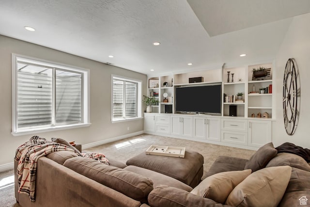 3381 W Slate View Dr, South Jordan, UT 84095 - living room featuring recessed lighting, baseboards, and light carpet