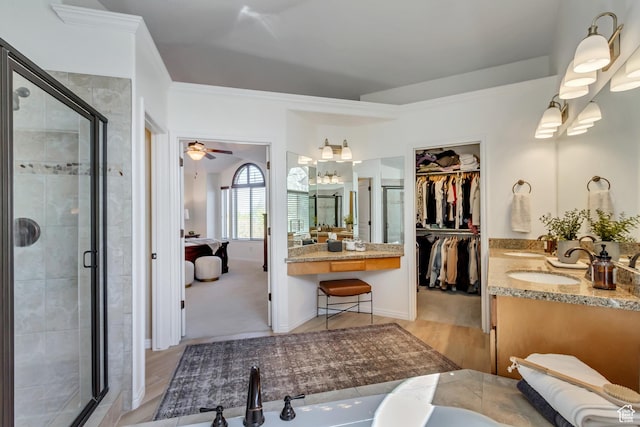 3381 W Slate View Dr, South Jordan, UT 84095 - full bath featuring crown molding, vanity, a shower stall, and a spacious closet