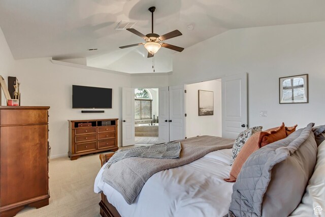 3381 W Slate View Dr, South Jordan, UT 84095 - bedroom with connected bathroom, light carpet, high vaulted ceiling, a ceiling fan, and visible vents