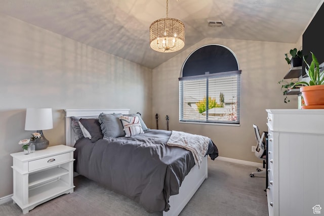 3381 W Slate View Dr, South Jordan, UT 84095 - bedroom featuring visible vents, baseboards, light colored carpet, a chandelier, and vaulted ceiling