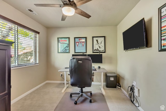 3381 W Slate View Dr, South Jordan, UT 84095 - office space with a ceiling fan, baseboards, visible vents, and light carpet
