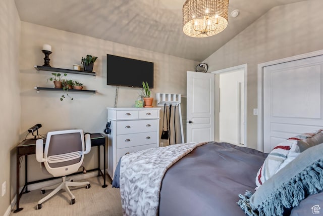 3381 W Slate View Dr, South Jordan, UT 84095 - carpeted bedroom featuring an inviting chandelier, baseboards, and lofted ceiling