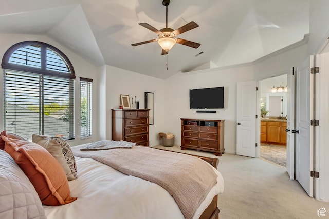 3381 W Slate View Dr, South Jordan, UT 84095 - bedroom featuring a ceiling fan, high vaulted ceiling, light colored carpet, and multiple windows
