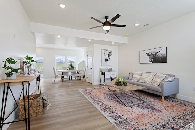 3238 S 4950 W, West Haven, UT 84401 - living room featuring recessed lighting, baseboards, ceiling fan, and light wood-style flooring