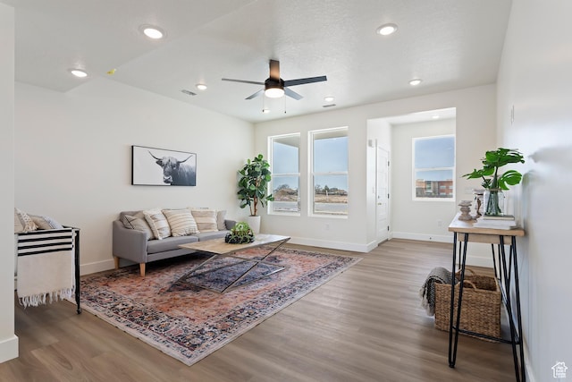 3238 S 4950 W, West Haven, UT 84401 - living room with baseboards, recessed lighting, ceiling fan, and wood finished floors