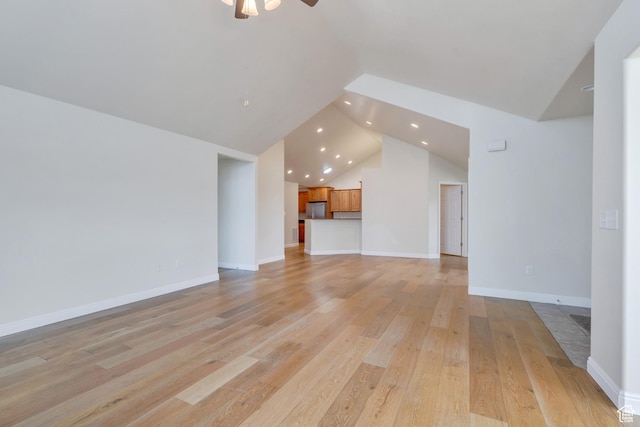 487 W 350 S Unit D, Springville, UT 84663 - unfurnished living room featuring light wood-style floors, recessed lighting, a ceiling fan, baseboards, and vaulted ceiling