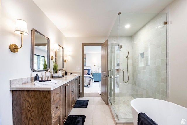 2568 E Sherwood Dr, Salt Lake City, UT 84108 - ensuite bathroom featuring tile patterned floors, a soaking tub, a shower stall, and ensuite bath