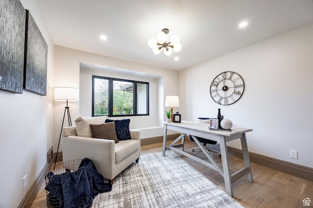 2568 E Sherwood Dr, Salt Lake City, UT 84108 - office with recessed lighting, baseboards, a chandelier, and wood finished floors