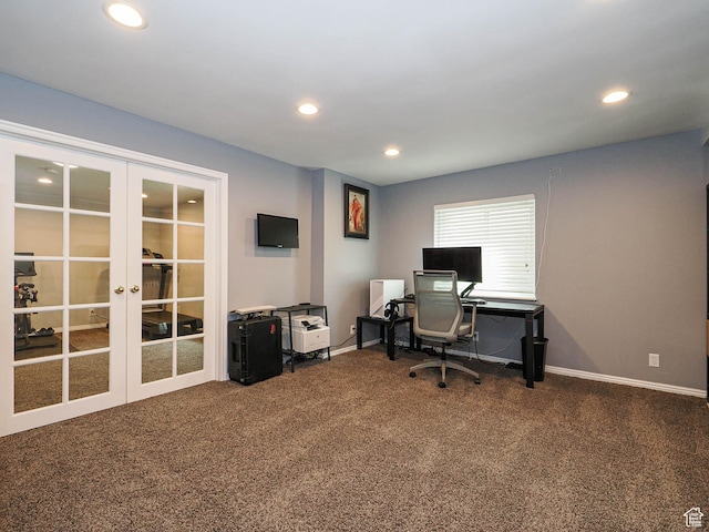 home office featuring carpet floors, recessed lighting, and french doors