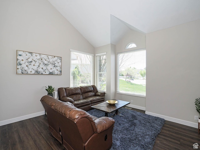 living room with baseboards, dark wood-style flooring, and high vaulted ceiling