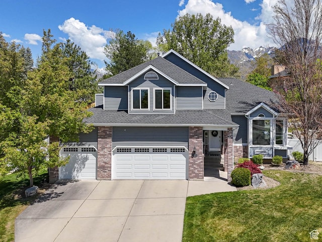 view of front facade featuring concrete driveway, brick siding, an attached garage, and a shingled roof