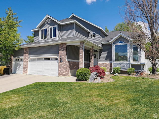 craftsman house featuring a shingled roof, an attached garage, a front lawn, brick siding, and driveway