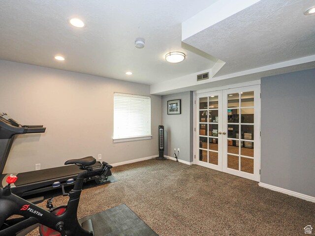 workout room with carpet flooring, french doors, recessed lighting, baseboards, and visible vents