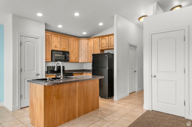 2135 N 130 W, Tooele, UT 84074 - kitchen with light tile patterned flooring, dark countertops, an island with sink, recessed lighting, and black appliances