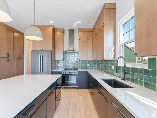 11436 S Watercourse Rd Unit 110, South Jordan, UT 84009 - kitchen with decorative backsplash, wall chimney range hood, light wood-type flooring, a sink, and appliances with stainless steel finishes