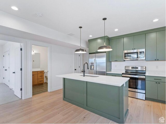 11436 S Watercourse Rd Unit 110, South Jordan, UT 84009 - kitchen with a sink, light wood-style floors, green cabinets, and stainless steel appliances