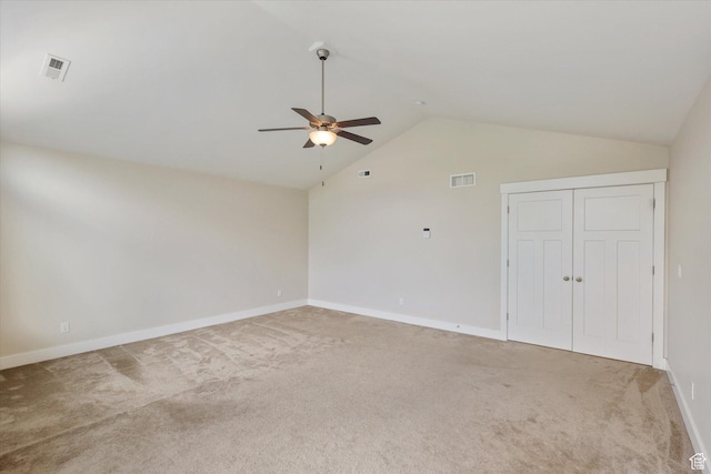 3171 N Crest Dr, Lehi, UT 84043 - empty room featuring ceiling fan, visible vents, baseboards, lofted ceiling, and light carpet