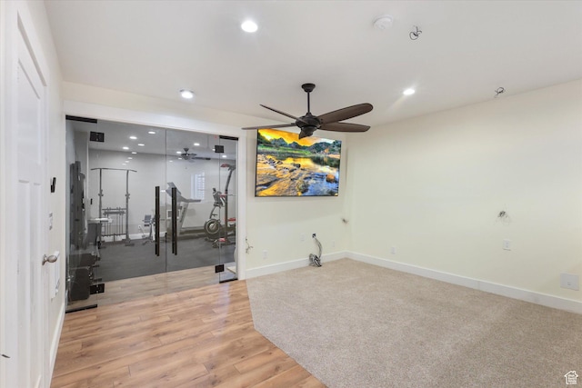 3171 N Crest Dr, Lehi, UT 84043 - exercise area with recessed lighting, ceiling fan, baseboards, and wood finished floors