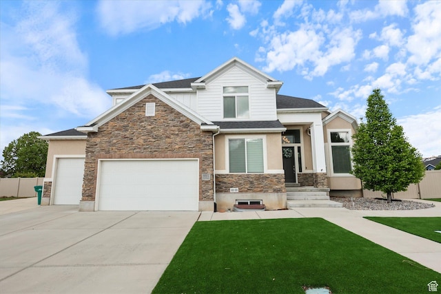 3171 N Crest Dr, Lehi, UT 84043 - craftsman inspired home featuring driveway, a front yard, fence, stone siding, and stucco siding