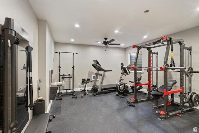3171 N Crest Dr, Lehi, UT 84043 - gym featuring baseboards, a ceiling fan, and recessed lighting