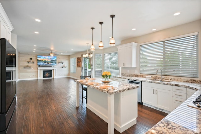 3171 N Crest Dr, Lehi, UT 84043 - kitchen featuring a warm lit fireplace, light stone countertops, a sink, recessed lighting, and stainless steel dishwasher