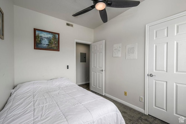 5012 S Tiimber Way Unit 415, Holladay, UT 84117 - bedroom with ceiling fan, electric panel, visible vents, baseboards, and dark colored carpet