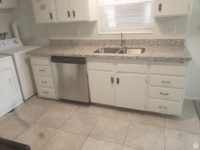 268 W 700 N, Salt Lake City, UT 84103 - kitchen featuring stainless steel dishwasher, washer and clothes dryer, white cabinetry, a sink, and light tile patterned floors