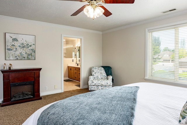 10944 S Surrey Meadow Cv, South Jordan, UT 84095 - bedroom featuring carpet flooring, ornamental molding, baseboards, a fireplace, and a ceiling fan