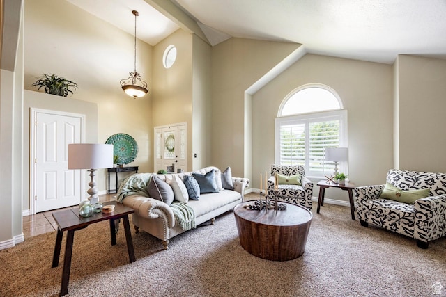 10944 S Surrey Meadow Cv, South Jordan, UT 84095 - carpeted living area featuring high vaulted ceiling and baseboards