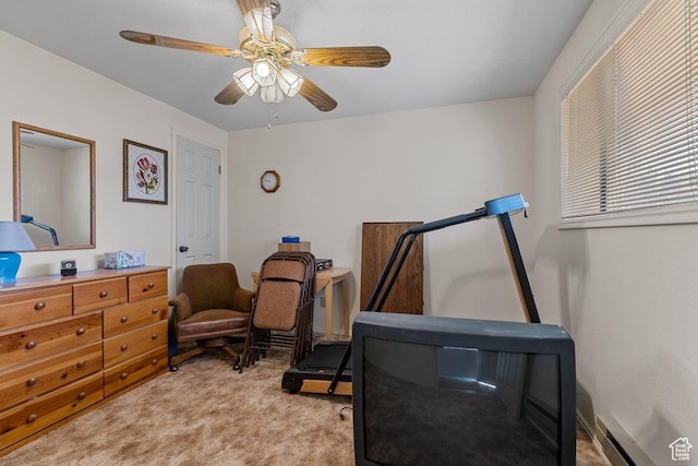 375 Hillcrest, Central, UT 84722 - workout area featuring a ceiling fan, light colored carpet, and a baseboard radiator