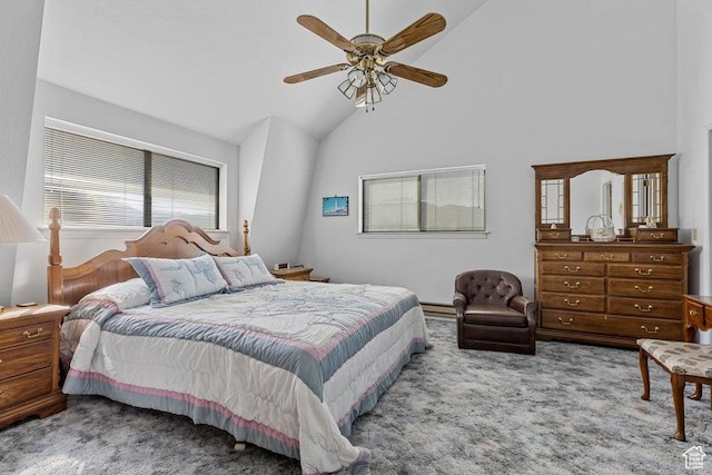 375 Hillcrest, Central, UT 84722 - bedroom with carpet, ceiling fan, baseboard heating, and high vaulted ceiling